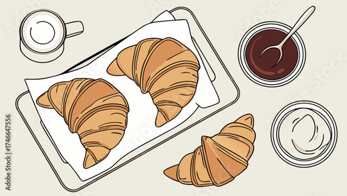 Breakfast Croissants with Coffee Yogurt and Chocolate Illustration.
