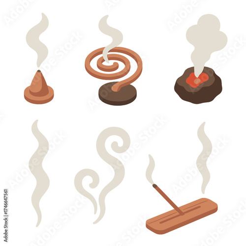 Soothing Smoke Icons. Soothing smoke isometric set. flowing incense, rising spiral, ember glow, incense tray, thin wavy smoke, calm swirl, lit stick, peaceful wisp.
