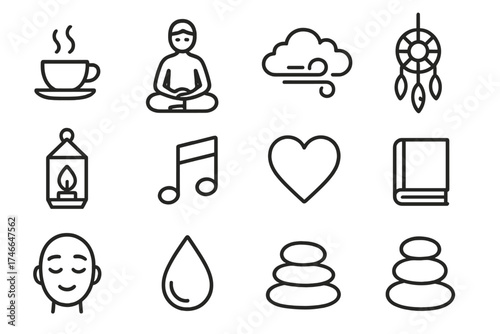 Meditative Icons Collection. Calm meditation pose outline set. cushion, tea cup, cloud, soft wind, pebble, dreamcatcher, lamp, music note, heart, book, droplet, relaxed face.