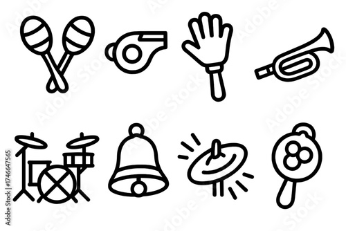 Musical Icon Collection. Cheer maker outline set. maracas pair, whistle icon, clapper toy, rolled horn, drum set, jingling bell, cymbal sound, fun rattle.