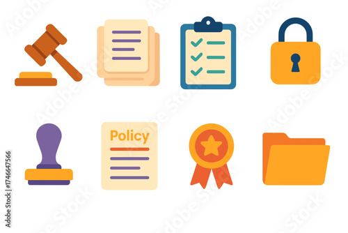 Legal Compliance Icons. Compliance flat icon set. justice gavel, document stack, checklist board, secure lock, stamp, policy paper, ribbon badge, folder.