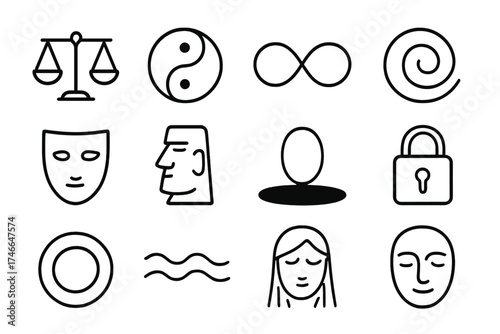 Symbolic Balance Icons. Symbolic quiet outline set. balance scales, yin yang, infinity loop, spiral, mask, stone statue, shadow, sealed lock, abstract circle, wave line, veil, calm