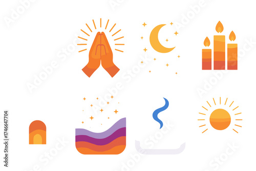 Serene Spiritual Night. Spiritual night flat icon set. kneeling silhouette, folded hands with rays, moon and stars, candle cluster, quiet shrine, glowing sky, incense trail, halo