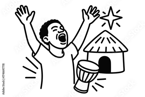 Unity Chant Art. Harambee chant outline set. open mouth, shared rhythm, drumbeat lines, uplifted arms, village hut, glowing star