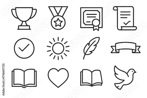 Iconic Honor Medals. Honor medal outline set. trophy, badge, ribbon with star, certificate, scroll, checkmark, sunburst, feather, banner, book, heart, dove.
