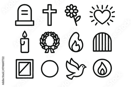 Grave Symbols Collection. Final rest outline set. tombstone, cross, flower, candle, wreath, ribbon, heart with rays, photo frame, flame, gate, circle, dove.