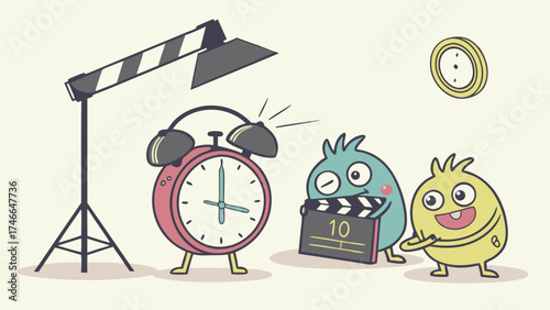 Cartoon characters on a movie set with an alarm clock and clapperboard.