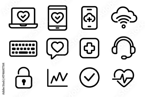 Digital Health Icons. Digital health access outline set. laptop, tablet, phone, cloud, wifi signal, keyboard, speech bubble, app icon, headset, lock open, chart line, checkmark.