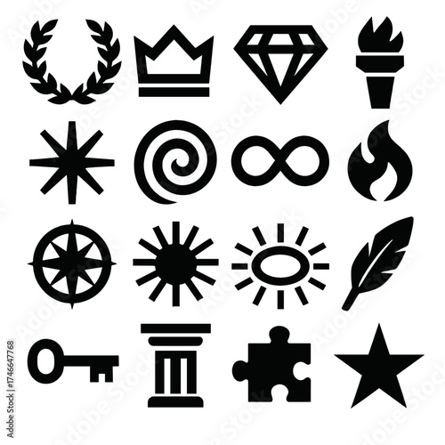 Symbolic Icons Set. Symbolic Craftsmanship silhouette set. laurel wreath, crown, diamond, torch, radiant star, spiral, infinity loop, flame, compass, sun, radiant aura, feather