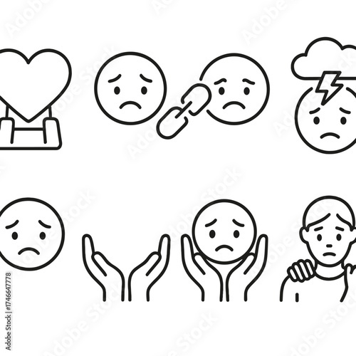 Mental Load Icons. Emotional mental load outline set. heart with weight, sad face, broken chain, worried expression, storm cloud, teardrop, supportive hands, comfort icon.