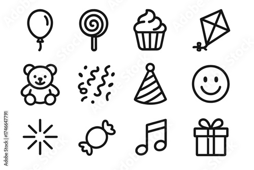 Playful Party Icons. Playful top outline set. balloon, lollipop, cupcake, kite, teddy bear, confetti, party hat, smiley face, starburst, candy, music note, gift box.