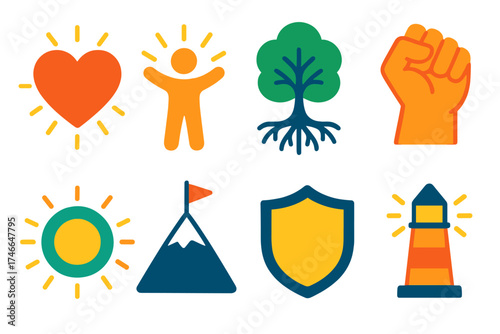 Symbols of Inner Strength. Resilient core flat icon set. glowing heart, radiant person, tree with deep roots, clenched fist icon, aura circle, mountain summit, shield strength
