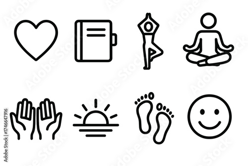 Personal Intent Icons. Personal Intent outline set. heart symbol, diary notebook, yoga pose, meditating figure, open hands, sunrise horizon, footprints path, smiling face.