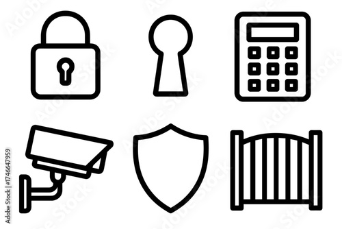 Secure Icons Design. Secure entryway outline set. lock, keyhole, keypad, camera, shield, gate.