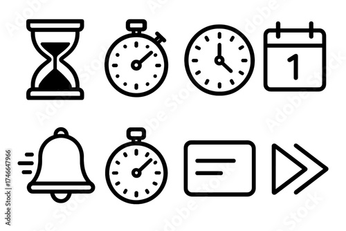 Time Management Icons. Time-limited outline set. hourglass, stopwatch, ticking clock, calendar date, deadline bell, timer icon, urgent label, fast forward arrow.