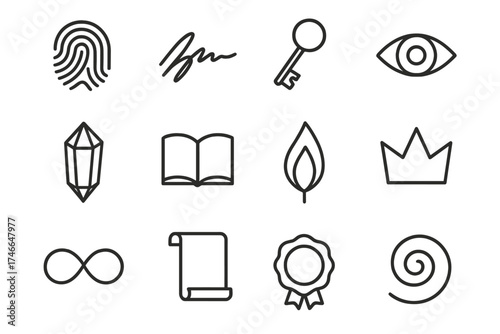 Symbolic Icons Array. Symbolic authenticity outline set. fingerprint, signature, key, eye, crystal, open book, candle flame, crown, infinity loop, scroll, seal, abstract spiral.