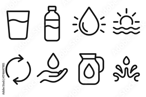 Hydration Icon Collection. Refresh icon outline set. clean water cup, tall bottle, glowing drop, wave with sun, refill arrows, hand and drop, hydration jug, fresh splash.