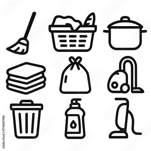 Household Chores Icons. Household Routine outline set. broom, laundry basket, grocery bag, cooking pot, folded clothes, trash bin, dish soap, vacuum cleaner.