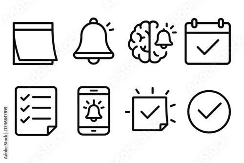 Reminder Icons Collection. Reminder tool outline set. sticky notes, bell alert, brain with spark, calendar mark, checklist page, phone reminder, glowing note, task icon.