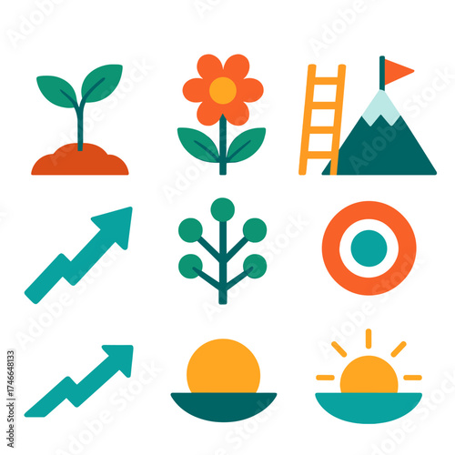Minimal Growth Icons. Growth visuals flat icon set. sprouting seed, blooming flower, climbing ladder, mountain peak, rising arrow, branching tree, expanding circle, sunrise horizon