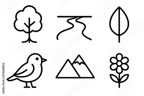 Nature Icons Illustration. Nature calm outline set. tree, river, leaf, bird, mountain, flower.