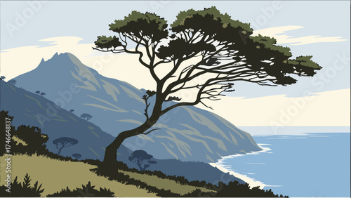 Coastal Landscape with Windswept Tree and Ocean View.