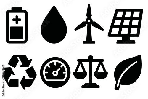 Resource Balancer Icons. Resource Load Balancer silhouette set. battery icon, water droplet, wind turbine, solar panel, recycling symbol, gauge meter, scales of balance, eco leaf.