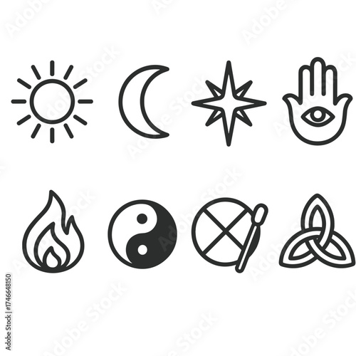 Spiritual Icon Symbols. Spiritual outline icons. sun disk, moon symbol, guiding star, protective charm, eternal flame, harmony circle, sacred drum, unity knot.