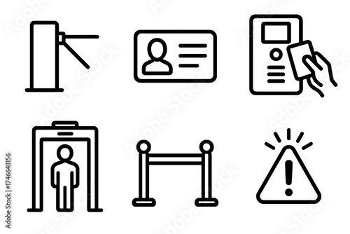 Airport Security Icons. Airport security gate outline set. turnstile, ID card, scanner, metal detector, barrier, alert sign.