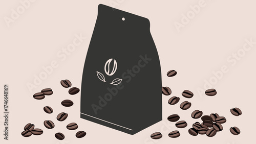 Coffee Bean Bag with Scattered Beans.