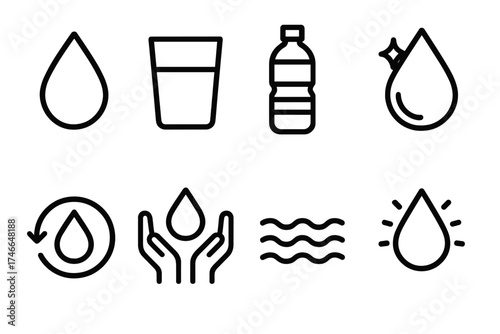 Hydration Icons Collection. Hydration icon outline set. water drop, glass of water, water bottle, droplet with sparkle, refill symbol, hands holding drop, water waves, glowing