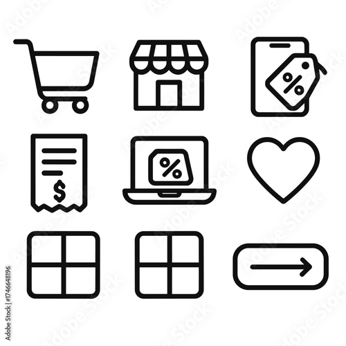E-commerce Icon Set. E-commerce outline icons. shopping cart, online store, laptop with sale tag, smartphone with discount, digital receipt, product grid, wishlist icon, checkout