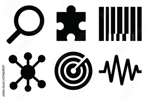 Brutalist Icon Set. Pattern detection silhouette set. magnifying glass, puzzle piece, neural nodes, barcode, radar, waveform.