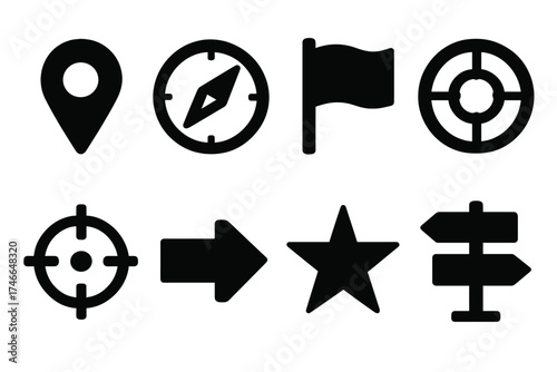 Bold Navigation Icons. Position silhouette set. map pin, compass, flag, target, crosshair, arrow, star, signpost.