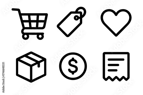 Shopping Icons Collection. Shopping wishlist outline set. cart, price tag, wishlist heart, package, coin, receipt.