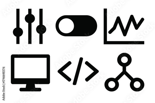 Brutalist Icon Set. Digital calibration silhouette set. sliders, toggle switch, chart, monitor, code brackets, nodes.