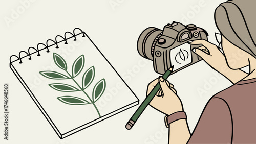Drawing and Photography Concept Nature Leaf and Camera.
