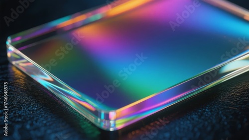 Transparent glass plate with iridescent rainbow reflections on a dark surface