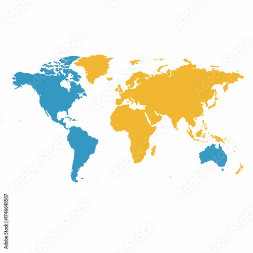 Colorful World Map Depicting Continents in Contrasting Blue and Yellow