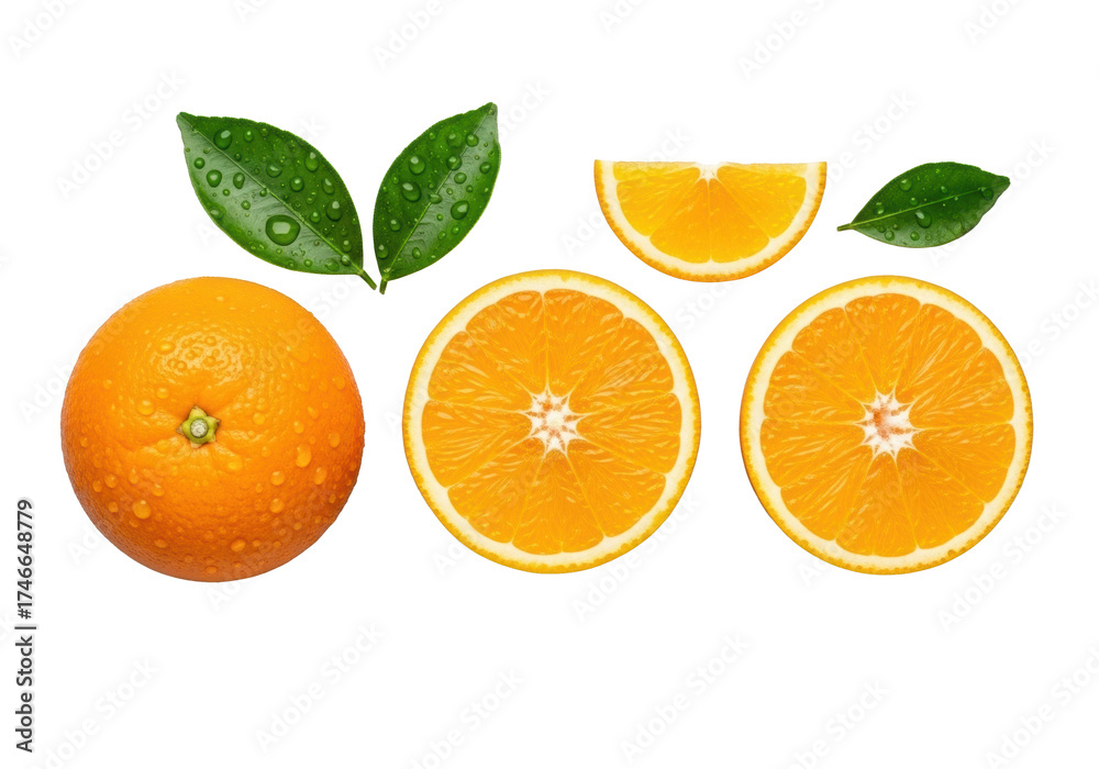 Fototapeta premium Pristine whole, halved, and quarter orange slices, vibrant green leaves, glistening water droplets, isolated on transparent, shadowless studio light, concept of natural freshness and elegance