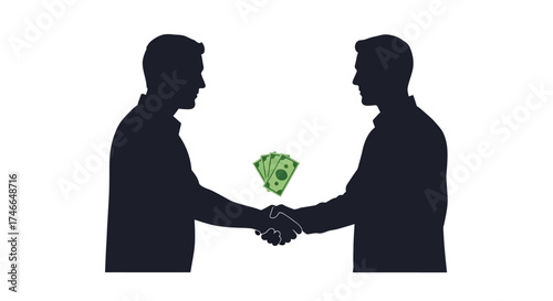 Silhouette of two businessmen making a corrupt deal with a cash handshake. Vector Illustrations. EPS Editable