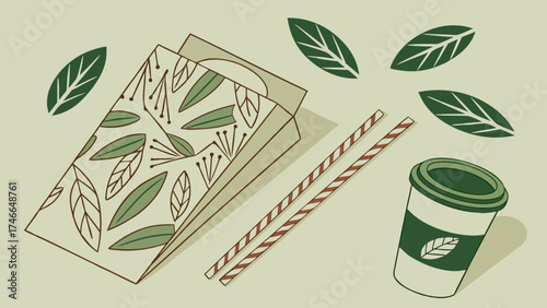 Eco-Friendly Takeaway Packaging Design with Leaf Pattern Disposable Cup and Paper Straws.
