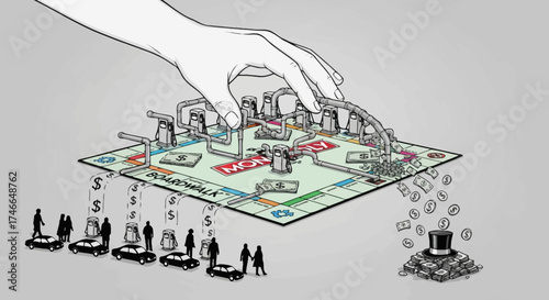 Conceptual Illustration of Capitalism as a Rigged Game of Monopoly. Vector Illustrations. EPS Editable