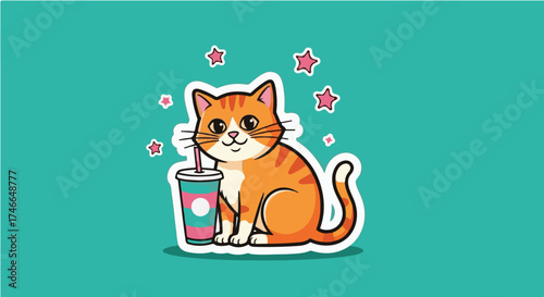 Cute Orange Cat Sticker with Drink Cup and Pink Stars Vector