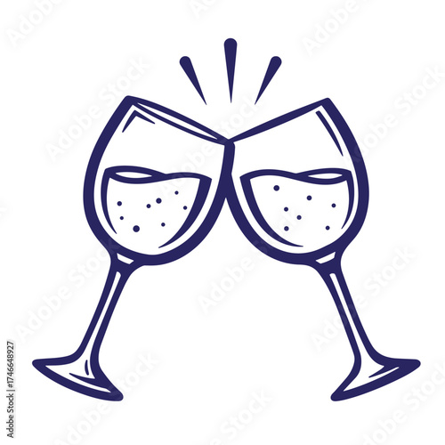 Two clinking wine glasses representing celebration toast and social occasion vintage design