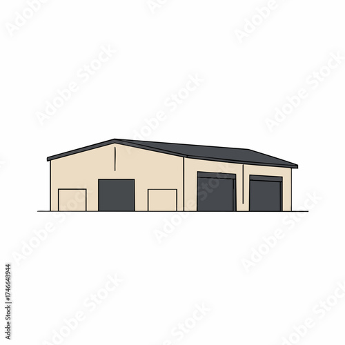 Simple Beige Warehouse with Dark Garage Doors and Roof, Minimalist Design.