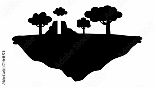 Magical floating island silhouette with trees and rock formations, a whimsical landscape