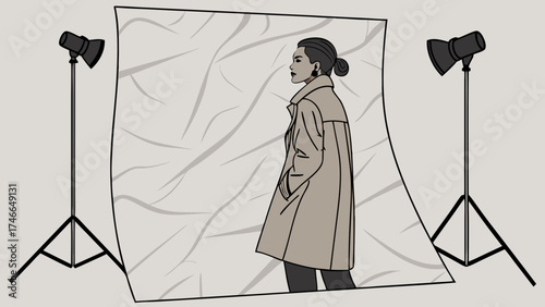 Fashion Illustration in Studio with Lighting and Backdrop.