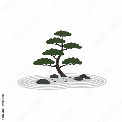 Serene Zen Garden with Stylized Tree, Raked Sand, and Smooth Stones