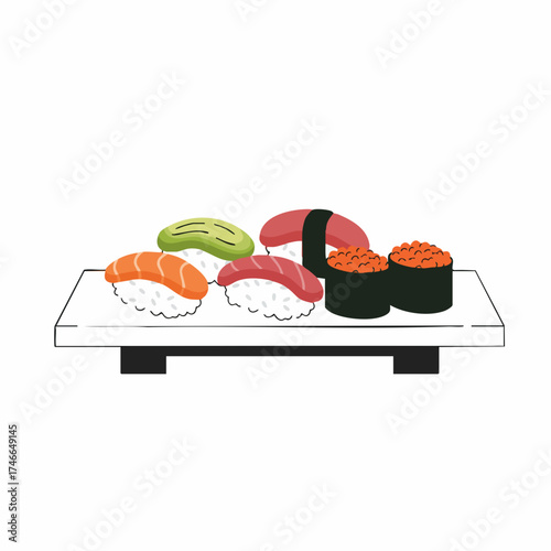 Assorted sushi pieces with salmon, tuna, avocado, and roe on a white rectangular plate